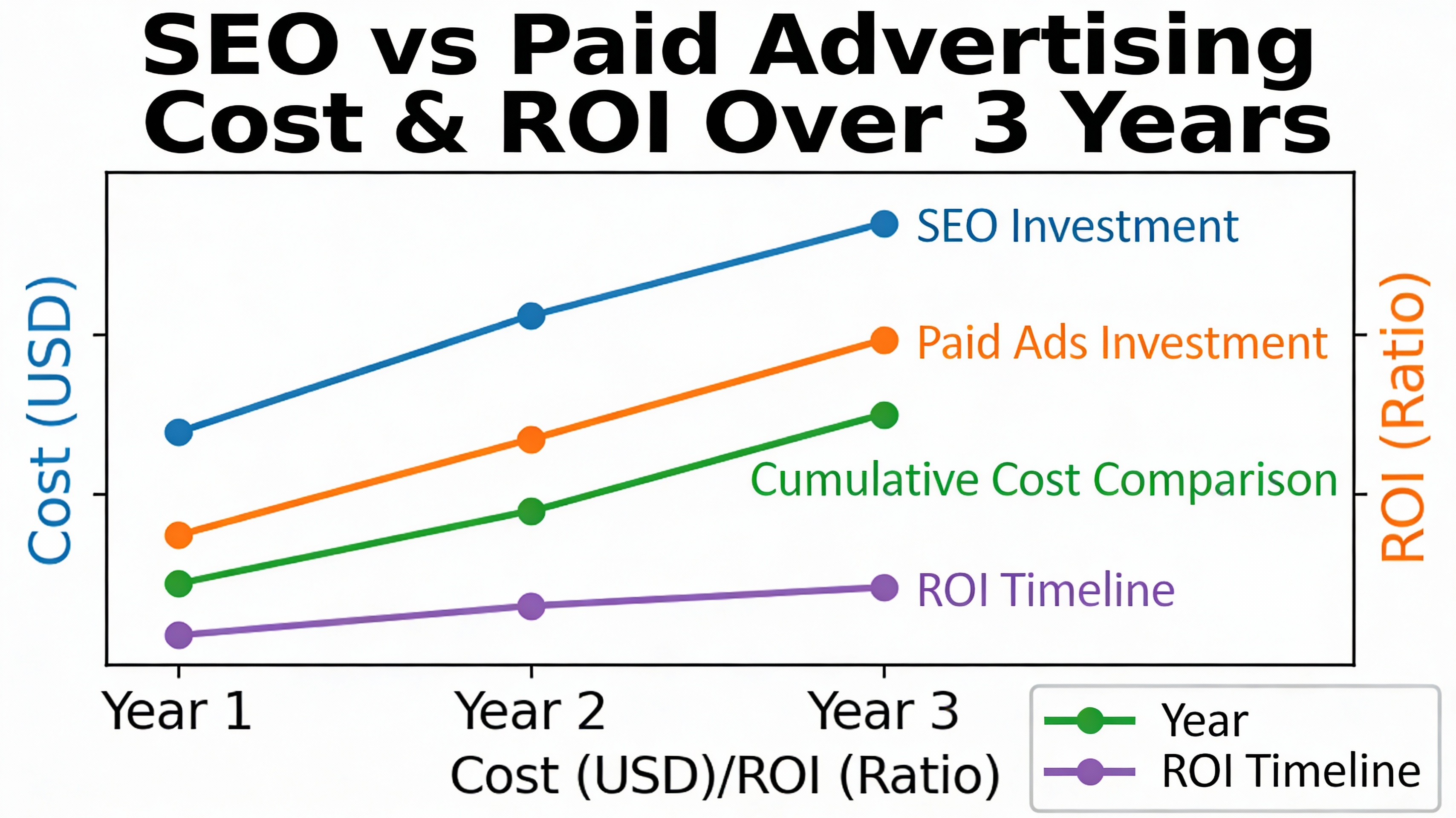 Comparison infographic of SEO vs paid advertising costs over time