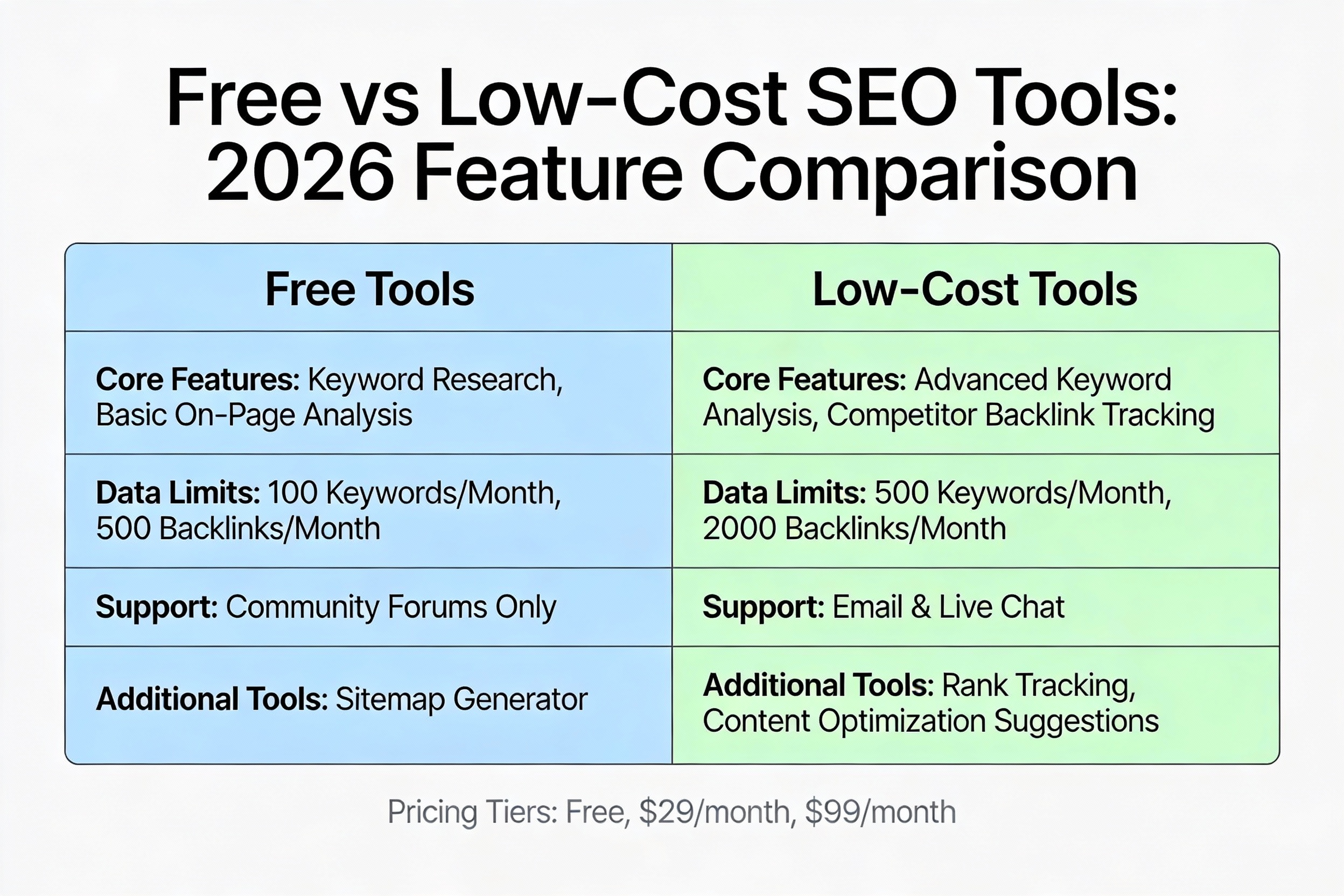 Infographic comparing free and affordable SEO tools in 2026